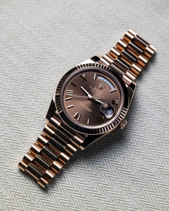 Role_x Oyster Perpetual Day Date Chocolate Roman Brown Dial LuxuryStuffs.in