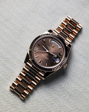 Role_x Oyster Perpetual Day Date Chocolate Roman Brown Dial LuxuryStuffs.in