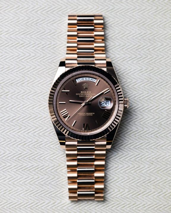 Role_x Oyster Perpetual Day Date Chocolate Roman Brown Dial LuxuryStuffs.in