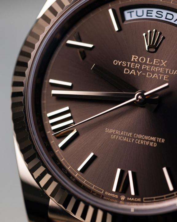 Role_x Oyster Perpetual Day Date Chocolate Roman Brown Dial LuxuryStuffs.in