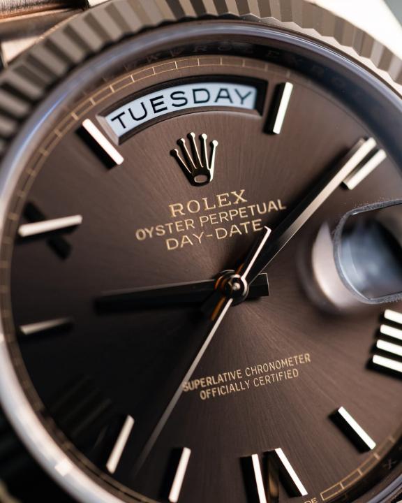 Role_x Oyster Perpetual Day Date Chocolate Roman Brown Dial LuxuryStuffs.in