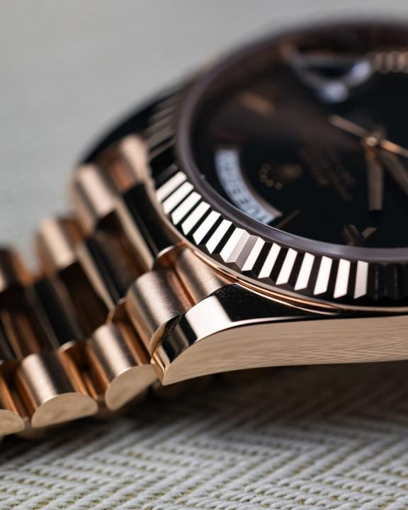 Role_x Oyster Perpetual Day Date Chocolate Roman Brown Dial LuxuryStuffs.in