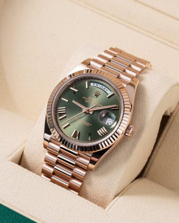 RLX Oyster Perpetual Day Date Olive Green Roman Sunray DIal with Everose Gold Iconic President Bracelet Copper-Green
